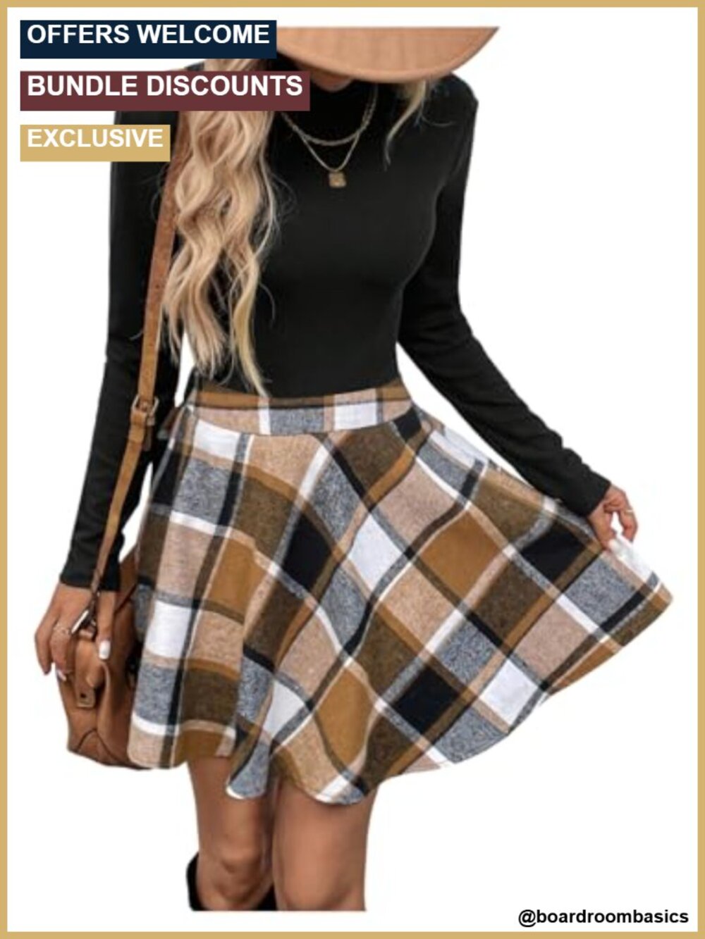 Women's 2 Piece Knit Set Plaid Skirt Long Sleeve High Neck
